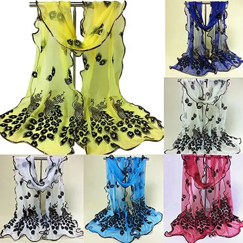 Women Fashion Peacock Flower Embroidered Lace Scarf Long Soft Wrap Shawl Stole Long Scarves Beach Cover-ups