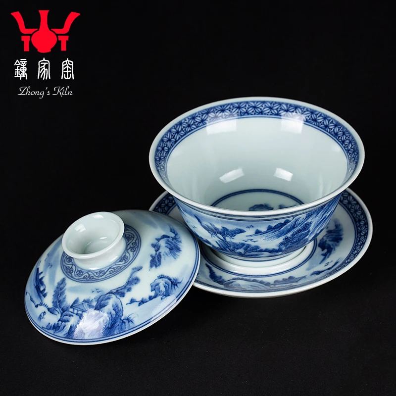 

|handmade tea set Sancai Gaiwan tea cup ceramic hand painted blue and white landscape tea bowl single firewood kiln