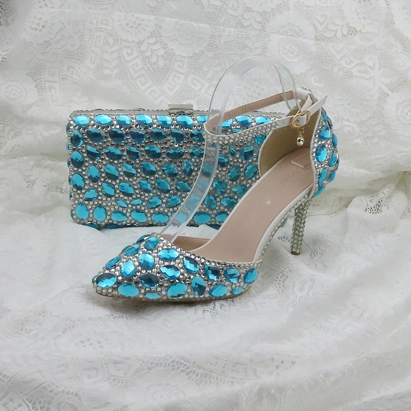 Sky Blue Luxury Rhinestone wedding shoes with matching bag anckle strap shoes woman pointed toe high heels shoes  Big size 34-42