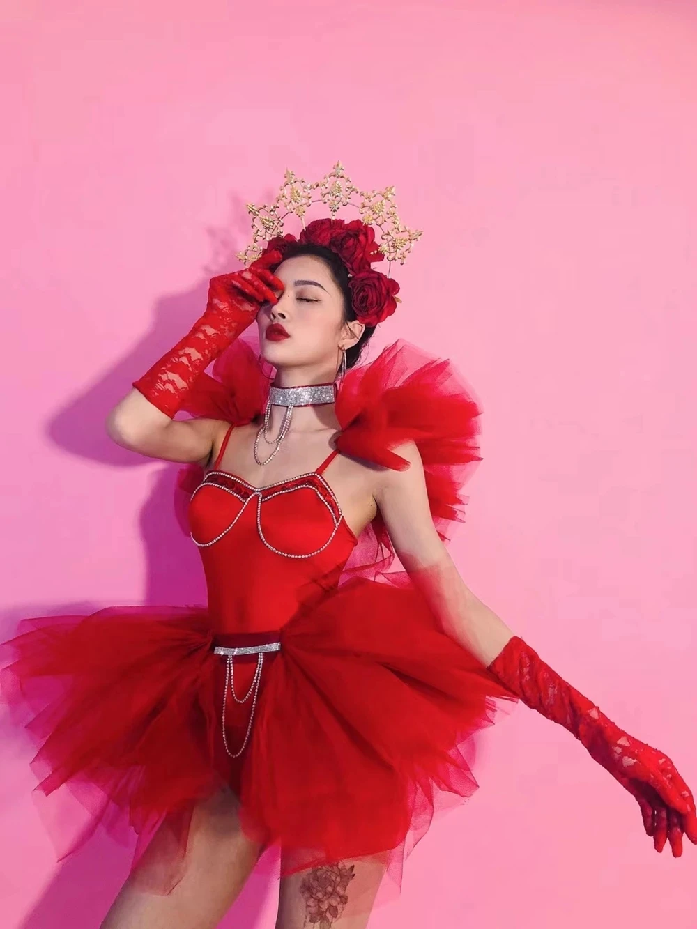 Costume de brevavec Strass Rouges pour Femme, Jupe Tutu en Maille, Tenue de ixGOGO