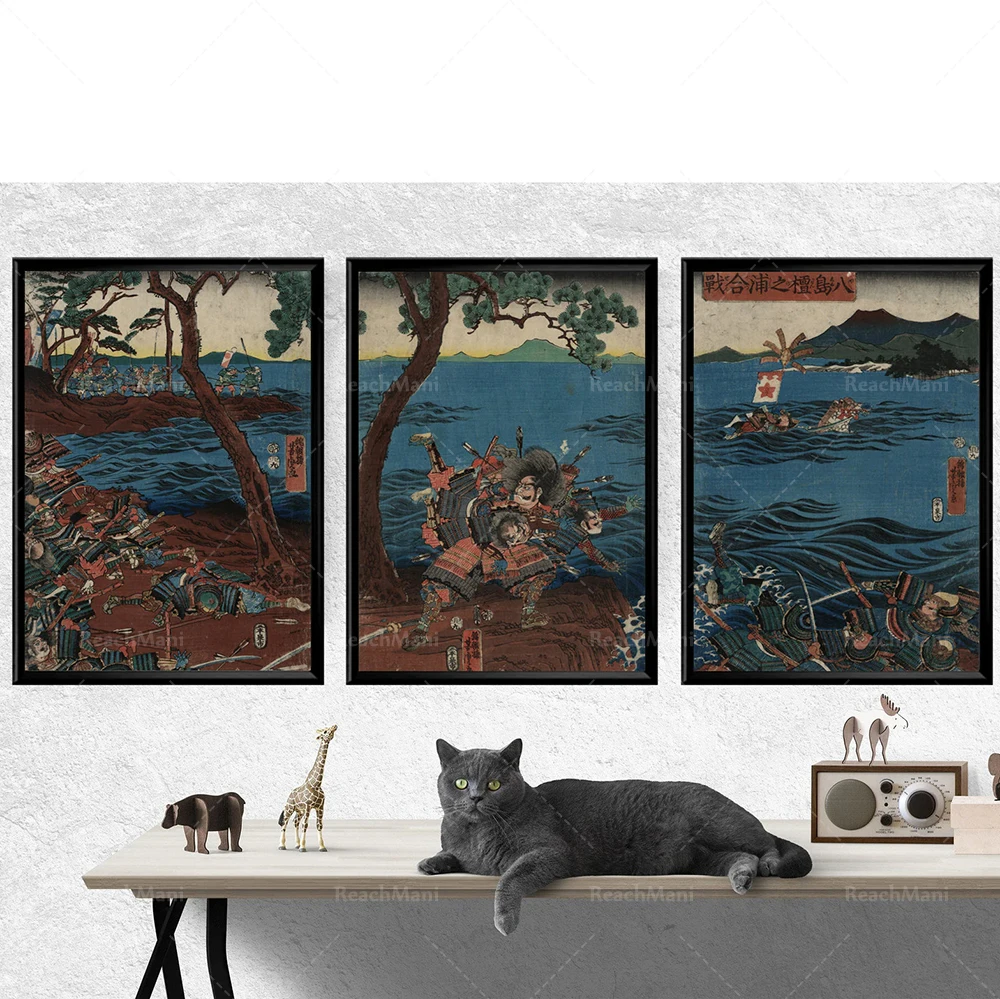 Samurai Retro Art Japanese Battle Scene Retro Triple Japanese Warrior Wall Poster Fighting Scene Ukiyo-e Ukiyo-e Prints