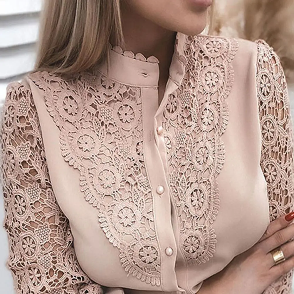 Women Sexy Lace Patchwork Hollow Out Shirt Blouse Long Sleeve O-Neck Mesh Design Tops 2022 Spring White Vintage Button Shirt Hot