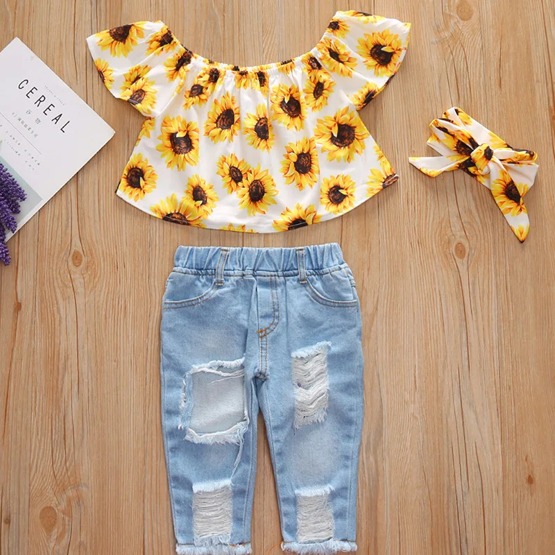 1-6Y Summer Kids Baby Girl Clothes Sets Suits Girls Flying Sleeves Sun Flower Short Sleeves+Denim Pants+Headband 3pcs Suits Sets