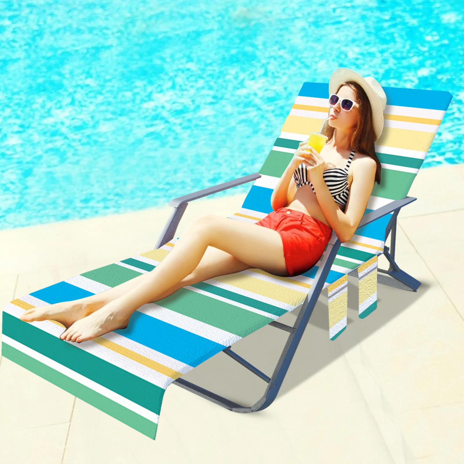 Portable Beach Chair Towel Long Strap Beach Bed Chair Towel Cover With Pocket For Summer Outdoor Garden Pool Sun Lounger Cover