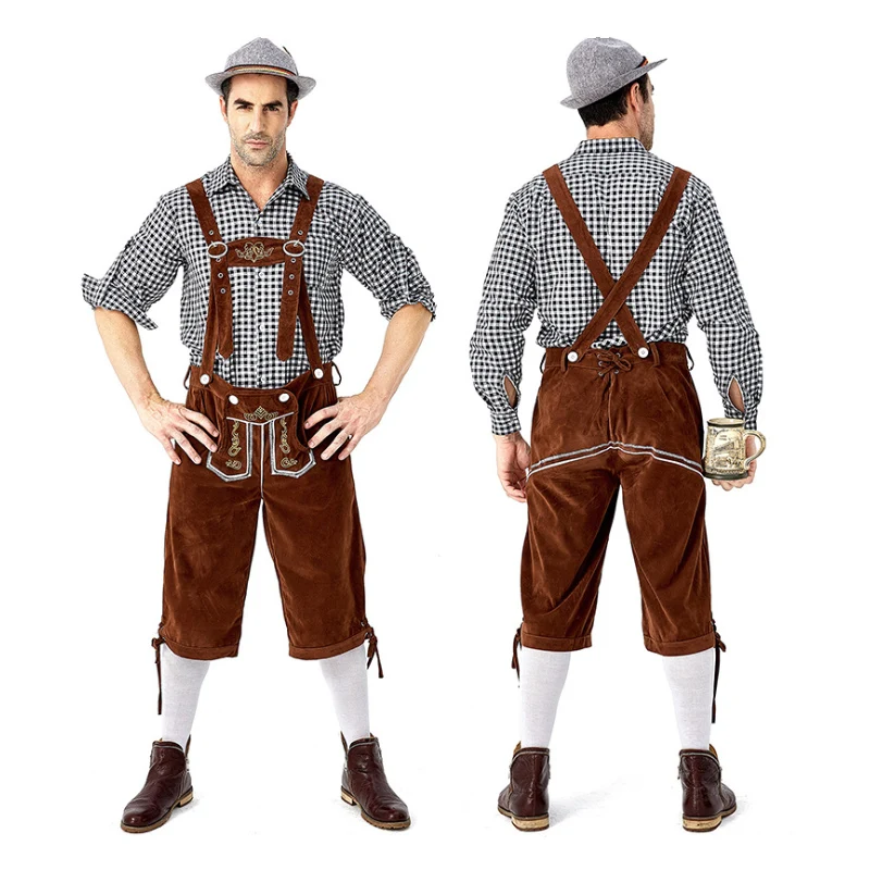 Man Carnaval Oktoberfest Kostuum Top Halter Lederhosen Hoed Bavarische Barman Cosplay Fancy Party Dress Halloween