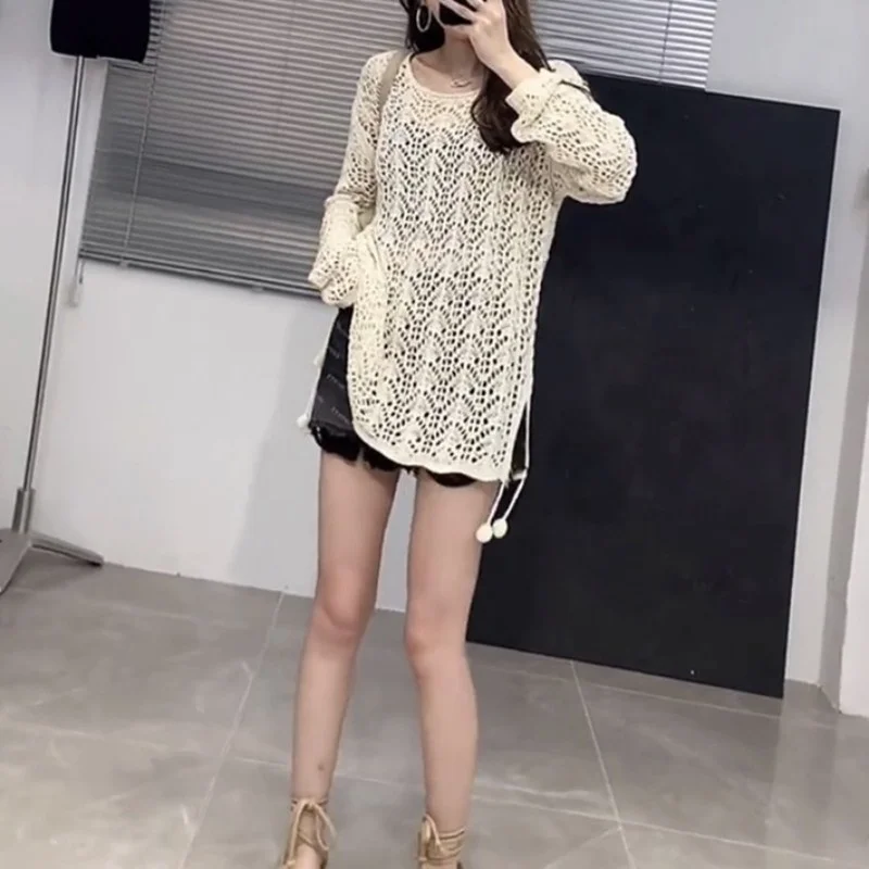 Women Summer Sexy Hollow Out Long Knitted Tops Long Sleeve See Through Sweater Ladies Casual Loose O Neck Knitwear Pullover Top