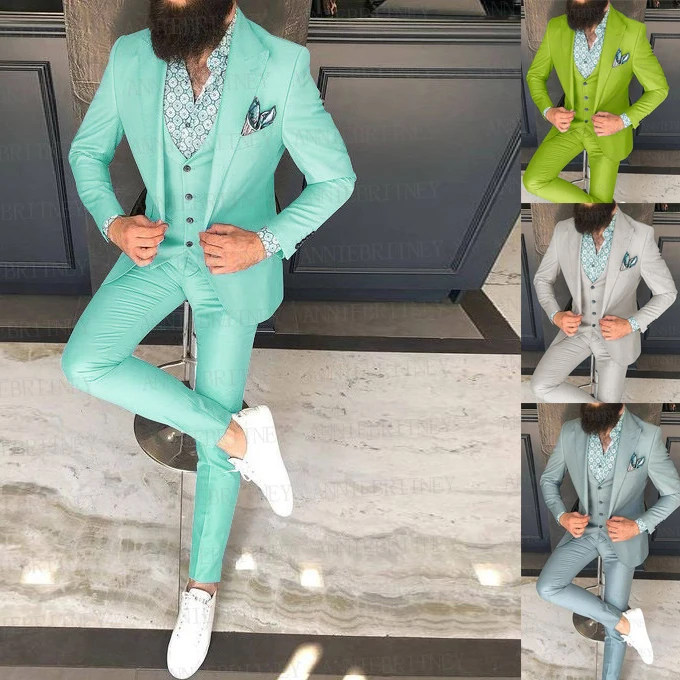 2021 Latest Turquoise Wedding Men Suit Set Slim Fit Prom Groom Dress Tuxedo Orange Blazer Best Man Jacket Vest Pants 3 Pieces