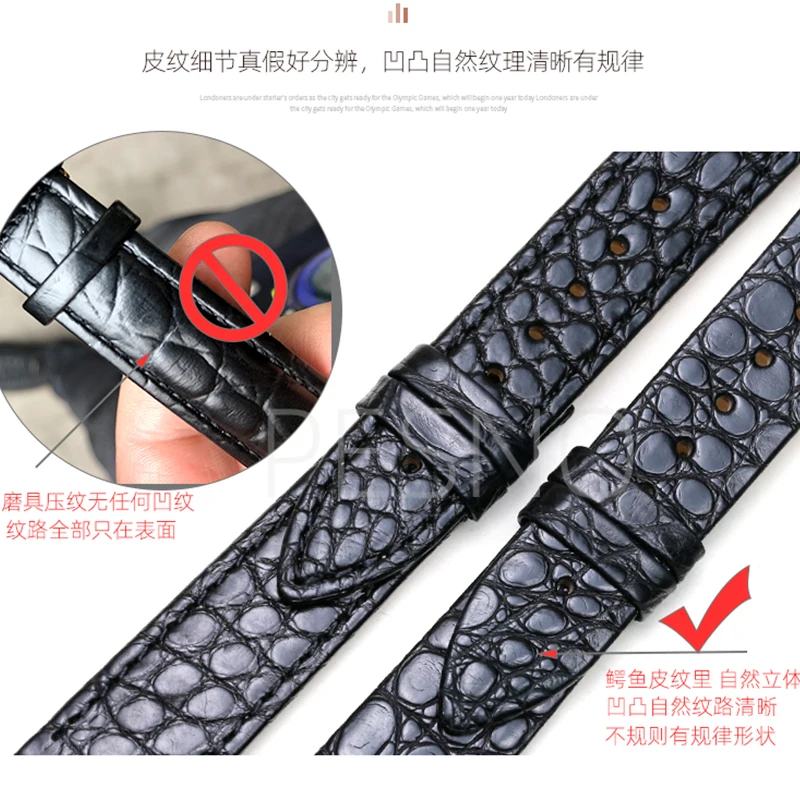 Pesno Round Grain Alligator Leather Watch Band Black Thin Genuine Leather WatchStrap Suitable for Longines L4 Presence La Grande