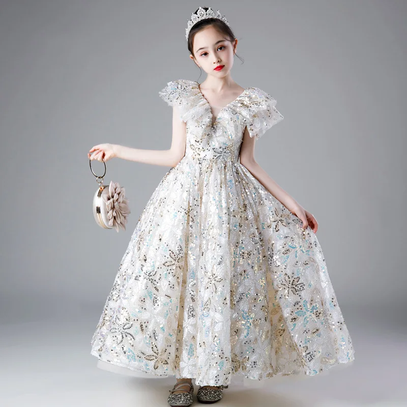 

Children Wedding Bridemaid Long Dresses Girl Elegant Sequins Frock Teenage Graduation Clothes Kids Pageants Party Boutique Dress