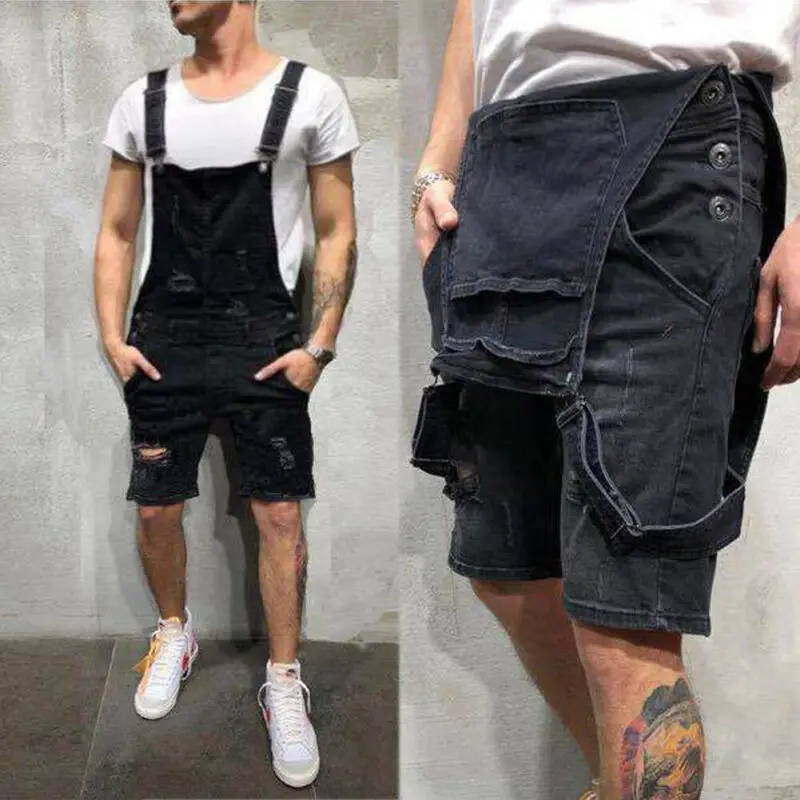 Macacão masculino calças de brim baggy shorts macacões masculino roupas de verão rua afligido denim bib macacão homem calças