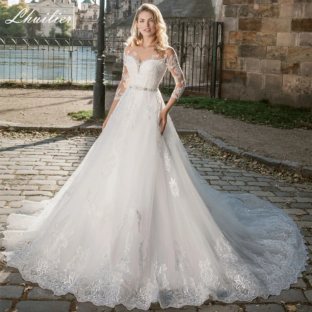 Lhuilier Customized A Line Scoop Neck Lace Appliques Wedding Dresses 3/4 Sleeves Floor Length Bridal Gowns with Belt