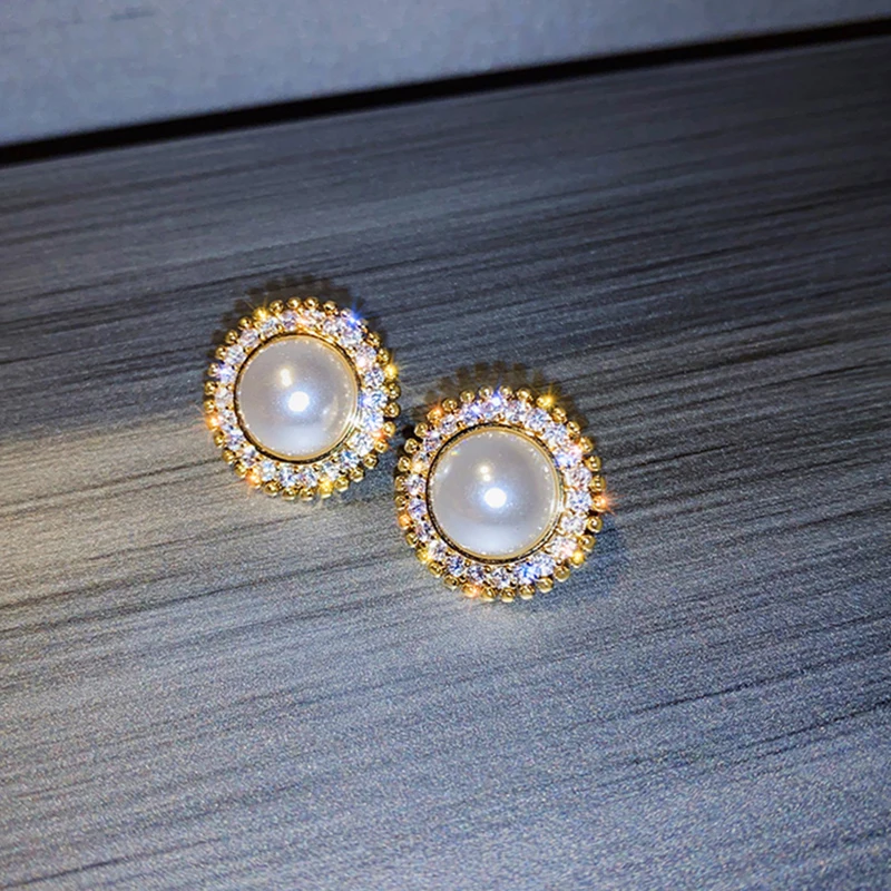 Korean Graceful Simple Rhinestones Imitation Pearl Round Clip on Earrings Non Pierced for Women Girl Ear Clips Weeding Jewelry