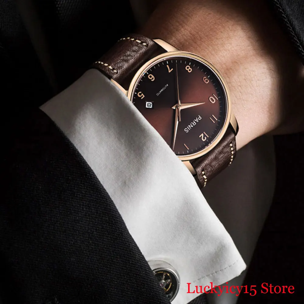 PARNIS Dress Rose Gold Classic Self Winding Men Watch Coffee Dial Date Function 38mm Nomal Wristwatch