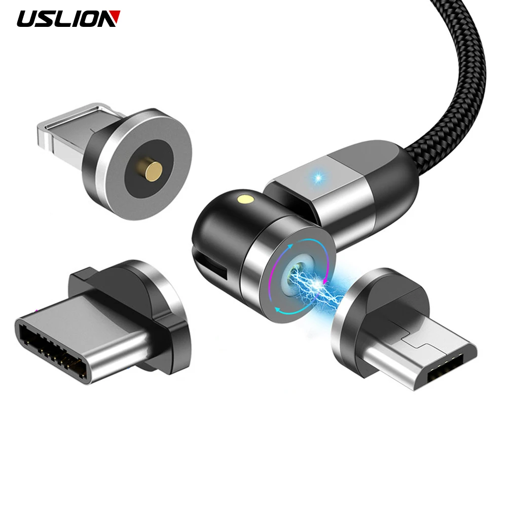 USLION 540 Rotation Magnetic USB Cable Fast Charging Type C Cable Magnet Charge Micro USB Cable Mobile Phone USB Cord For Xiaomi