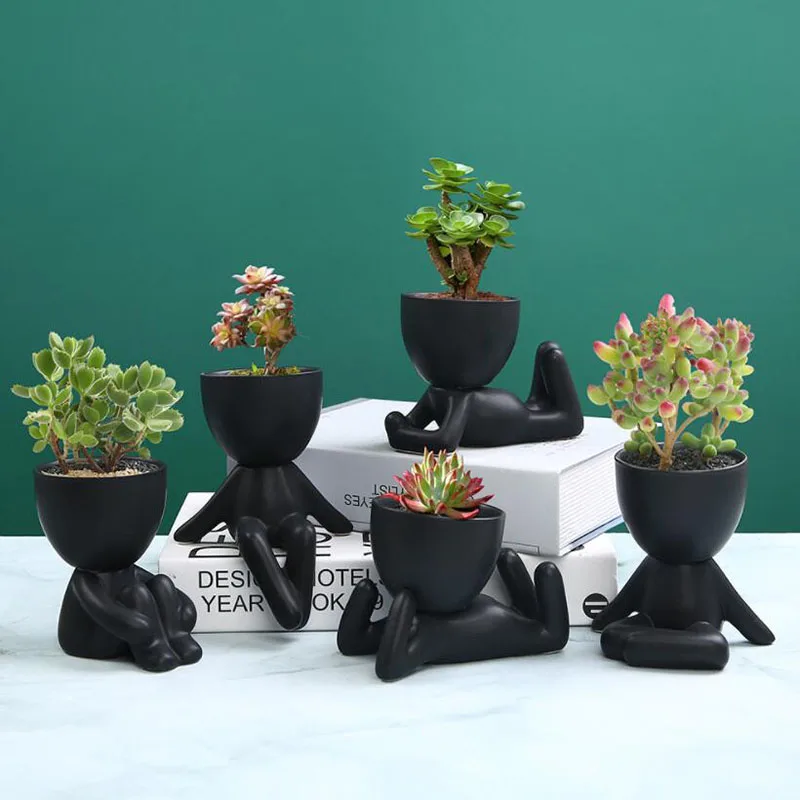 2pcs/set Modern Style Black Color Ceramic Flowerpot Succulent Plant Pot Breathable Vase with a Hole Desktop Ornaments Decoration