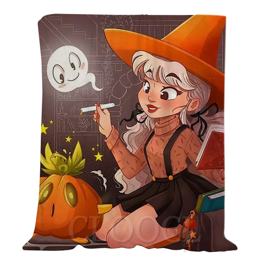 

HX Halloween Flannel Blankets Witch Cartoon Print Plush Quilts Fastival Party Fun Harajuku Plush Blankets Home Textile