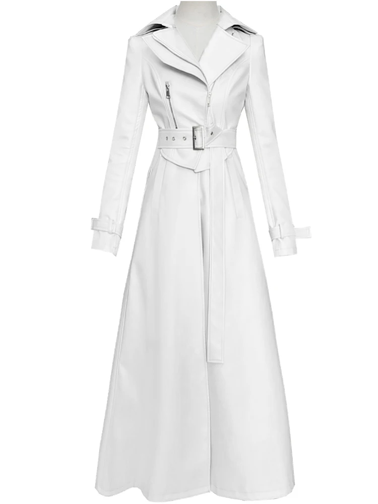 Nerazzurri Spring Runway White Long Leather Trench Coat for Women Long Sleeve Elegant Luxury fashion Womens Coats 2021 Designer