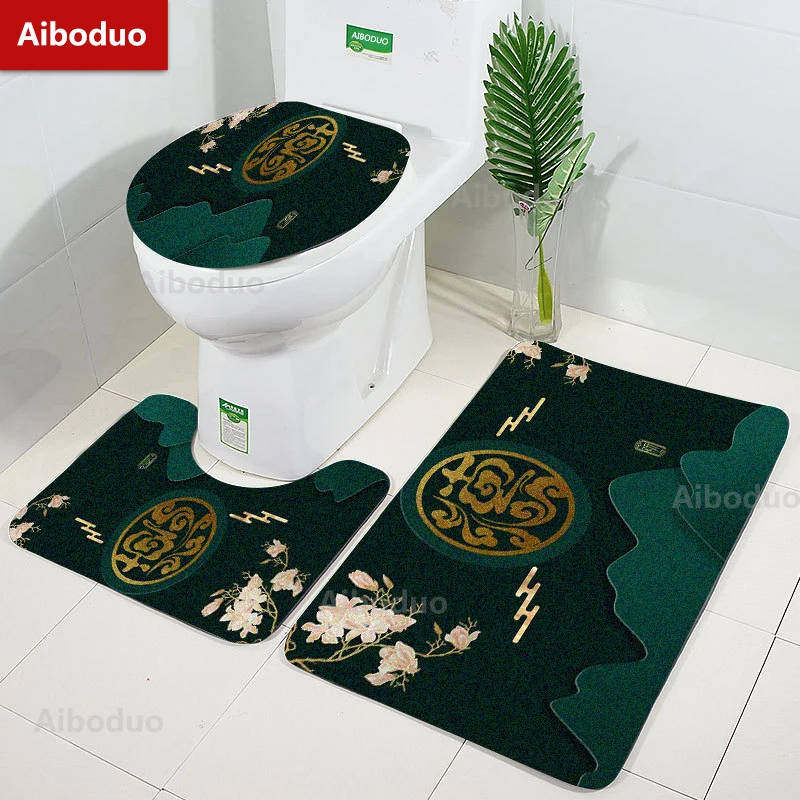 

Aiboduo Drop Shipping 3pcs/set Toilet Lid Cover Set Non Slip Absorbent Carpet Chinese Style Home Decoration BathMat Restroom Rug