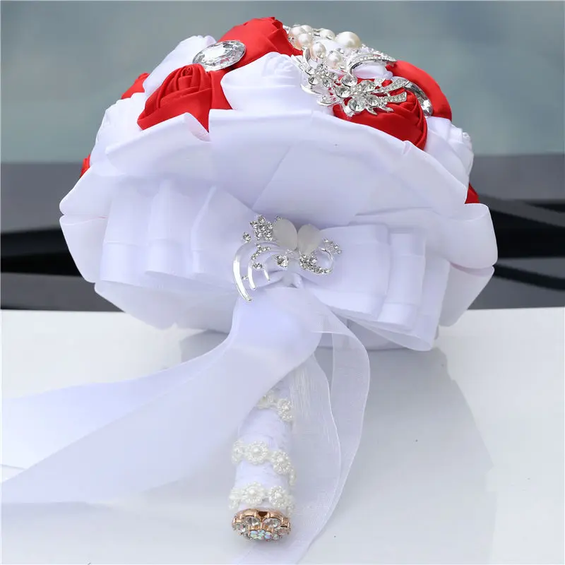 WifeLai-A Crystal Wedding Bouquet White Red Satin Emulation Rose Bridesmaid Holding Flowers Wedding Flowers Bridal Bouquets W228