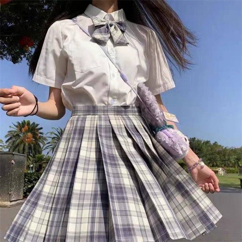 Uniforme d'Écolière, Jupes Plissées japonaises Tenue Scolaire à Carreaux Trapèze Taille Haute, Uniformes Sexy JK pour Femme, Ensemble Complet