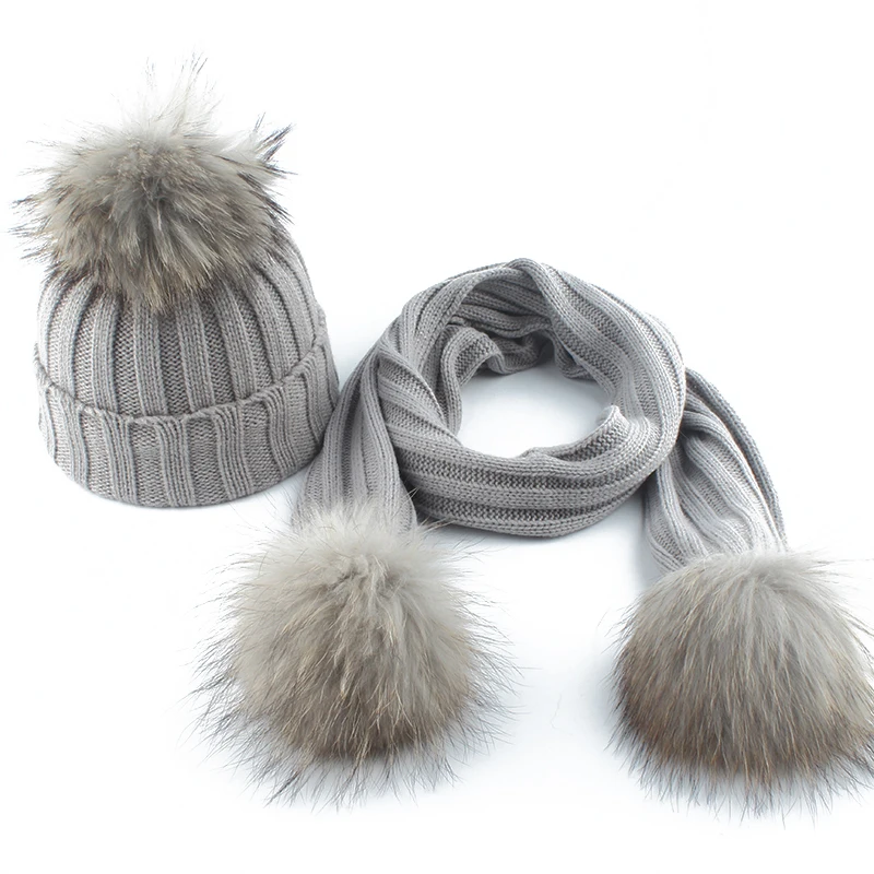 Gorro de punto con pompón de piel auténtica para niños y niñas, conjunto de bufandas, traje de bebé, gorros, bufanda, invierno cálido, 2 a 6 años,