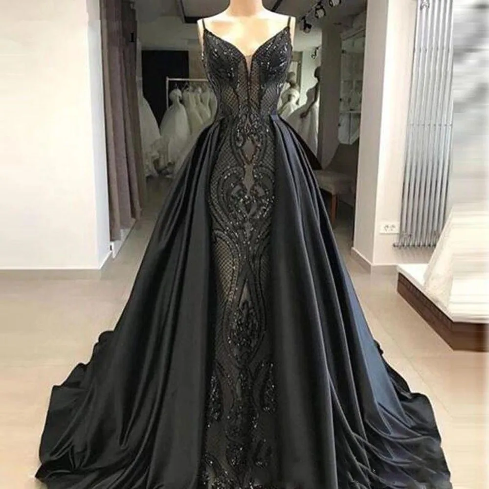 

Black Off The Shoulder Lace Long Prom Dresses Satin Up Skirts Floor Length Formal Evening Party Gowns robes de soirée