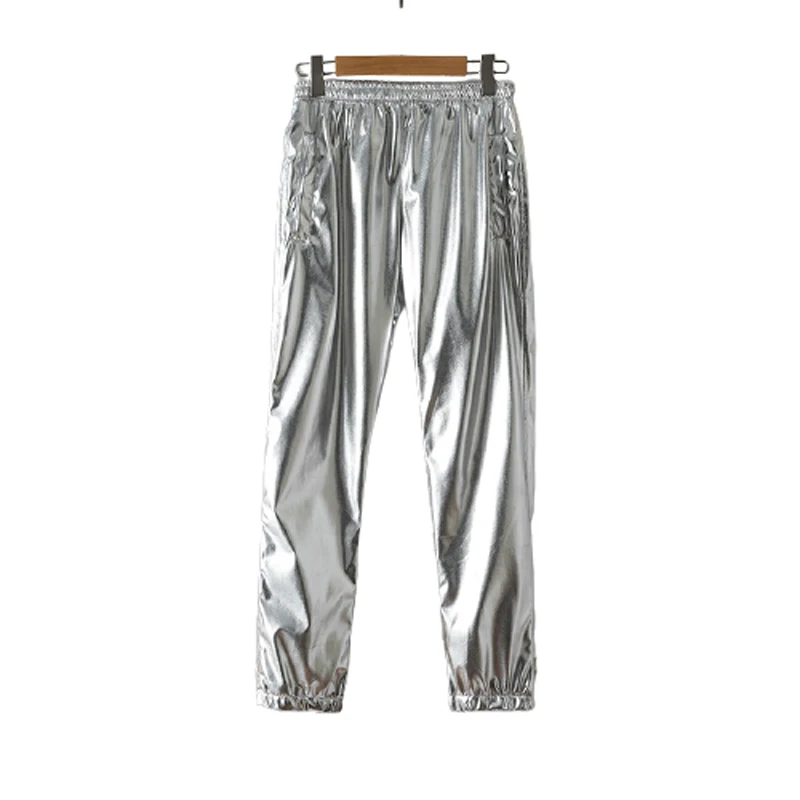 Pantalones de chándal dorados metalizados brillantes para hombres, ropa de calle, pantalones de Hip Hop, traje de cantante de escenario de club