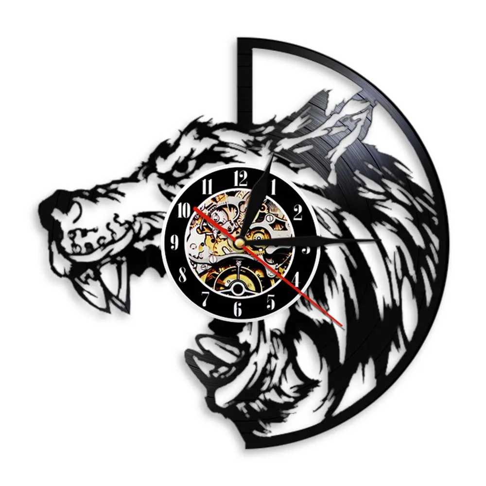 Wolfs Head Wall Clock Decor Wild Animal Handmade Exclusive Vinyl Record Clock Watches Vintage Wall Decor For Living Room Bedroom