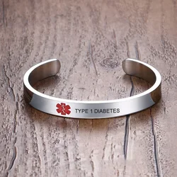 Type 1 Diabetes Medische Alert Armband Voor Mannen Vrouwen Id Bangle Rvs Gepersonaliseerde Gratis Graveren