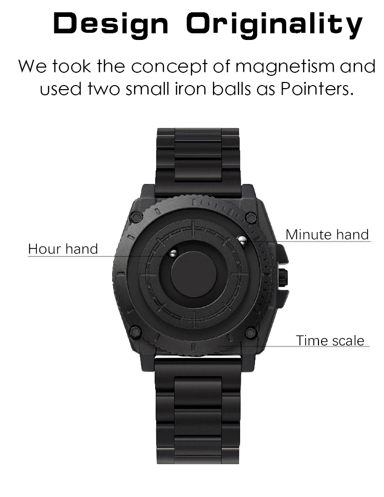 Eutour Magnetic Ball Men Personality Creation Sport Watch Cool Concept Bezel-Less Fashion Design Watch - Rubber Strap