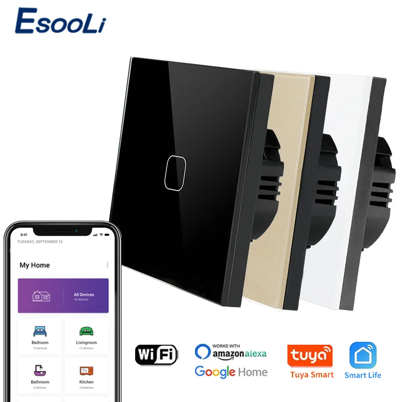 EsooLi Tuya Smart Leben Glas Panel EU/UK Standard Touch Schalter Null/Einzel Feuer Linie Voice Control Licht wireless Wand Schalter