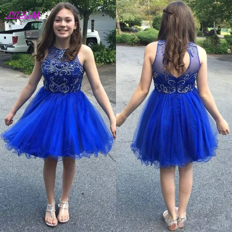 Beaded Short Homecoming Dresses Jewel Neck Open Back Cocktail Dress Royal Blue Tulle Knee Length Sweet 16 Party Gowns