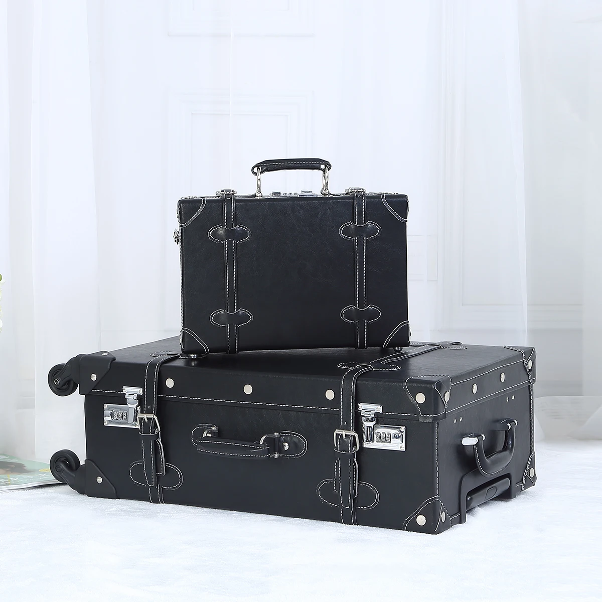 UNIWALKER Vintage Travel Suitcase Set Trunk Luggage 2 pcs Trolley 4 Wheels Black Number Lock 20inch-26inch