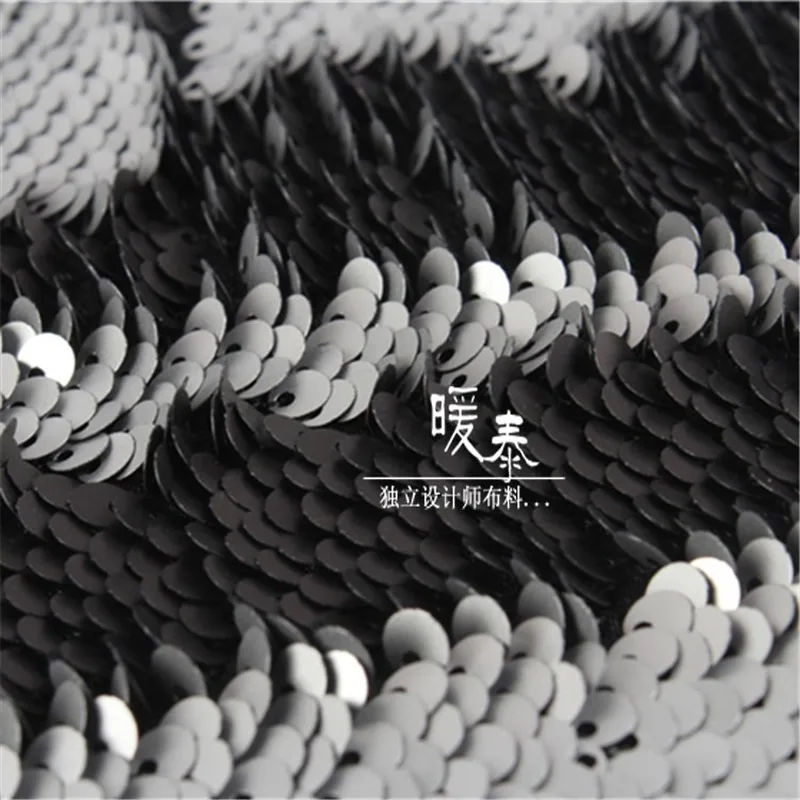 Embroidered Sequins Fabric Silver Black Fish Scales DIY Decor Props Wedding Dress Mermaid Skirt Stage Clothes Designer Fabric view 2