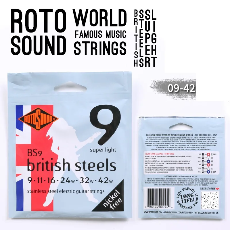 Rotosound R8 R9 R10 RH9 RH10 Nickel on Steel Electric Strings / British Steels BS9 BS10 Stainless Steel Electric Guitar Strings