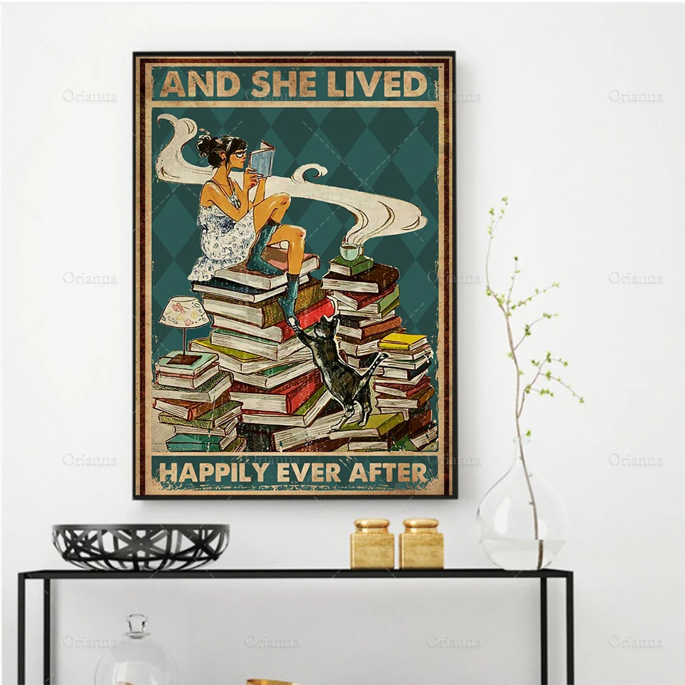 And She Lived Happily Ever After Poster, Book Lover Gift, Love Reading Poster, Book Lover Print Cat Art Print Wall Art Painting