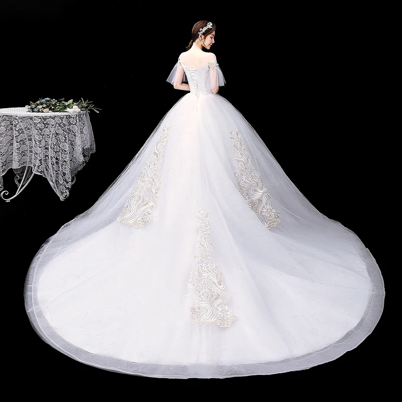 AnXin SH princess flower lace white party vintage o neck ruffles sleeve beading bride white sparkly customized wedding dress