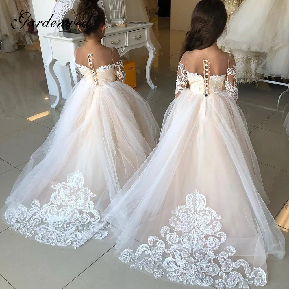 Cocomylody Puffy Tulle Lace Baljurk Bloem Meisje Jurken Lange Mouw Prinses Jurk Illusion Wedding Party Eerste Communie