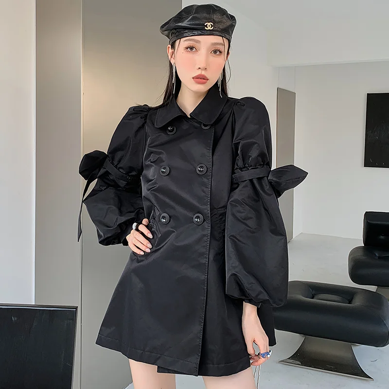 

Double Breasted Puff Sleeve Bow Black Trench Coat Jacket Spring Autumn Women Streetwear Hip Hop Gothic Loose Outerwear Girl 1860