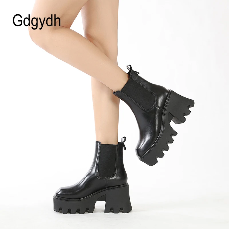 GDGYDH Slip-On Women Motorcycle Boots Square High Heels Thick Platform Female Ankle Boots Black Plus Sizes Chelsea Boots Women