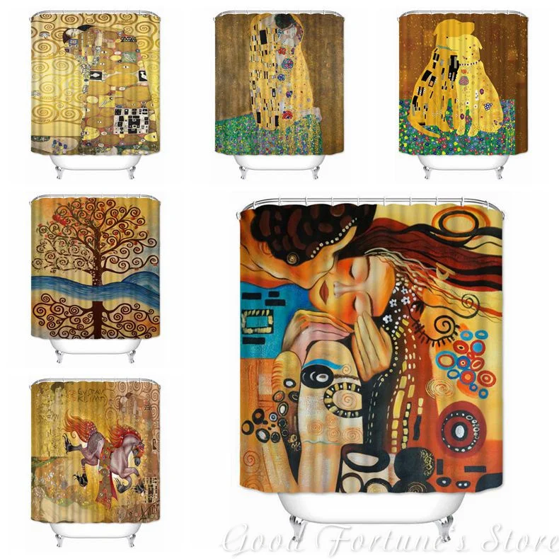 Couples Kiss Gustav Klimt Puppy And Horse Shower Curtains With Polyester Fabric Waterproof Bathroom Decor