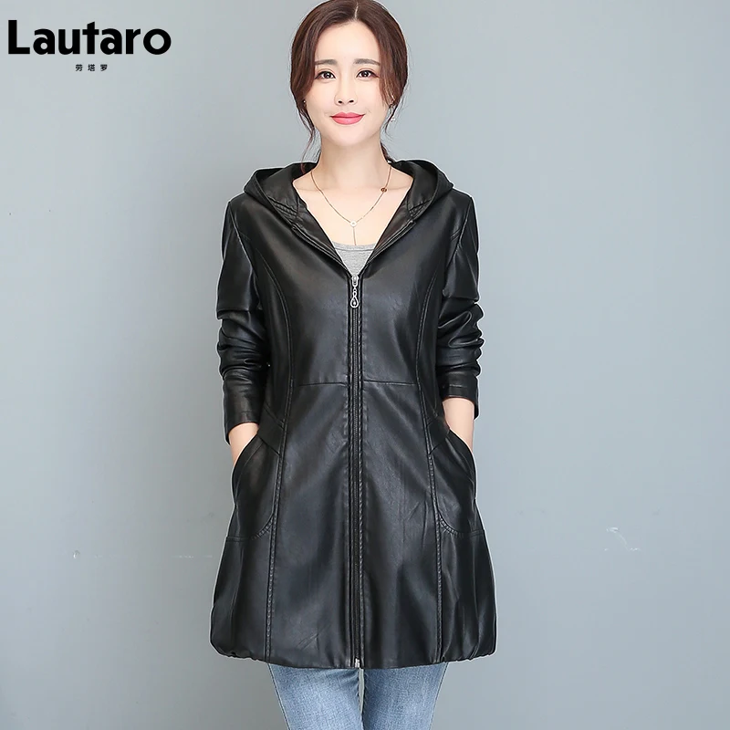 Lautaro Autumn Black Wine Red Waterproof Faux Leather Jackets for Women with Hood Zipper Designer Elegant Luxury Coats Slim Fit