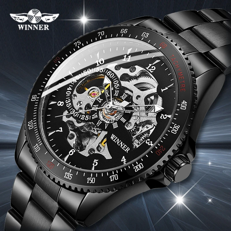 2020 Top Brand Luxury WINNER Watch Black Stainless Steel Mens Skeleton Watches Transparent Mechanical Male Automatic Wrist Watch