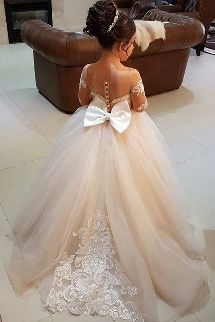 Communion Dresses Ball Gown Flower Girl Dresses 2020 Tulle Lace Long Sleeves Cute Girl Party Dress Vestidos De Comunion