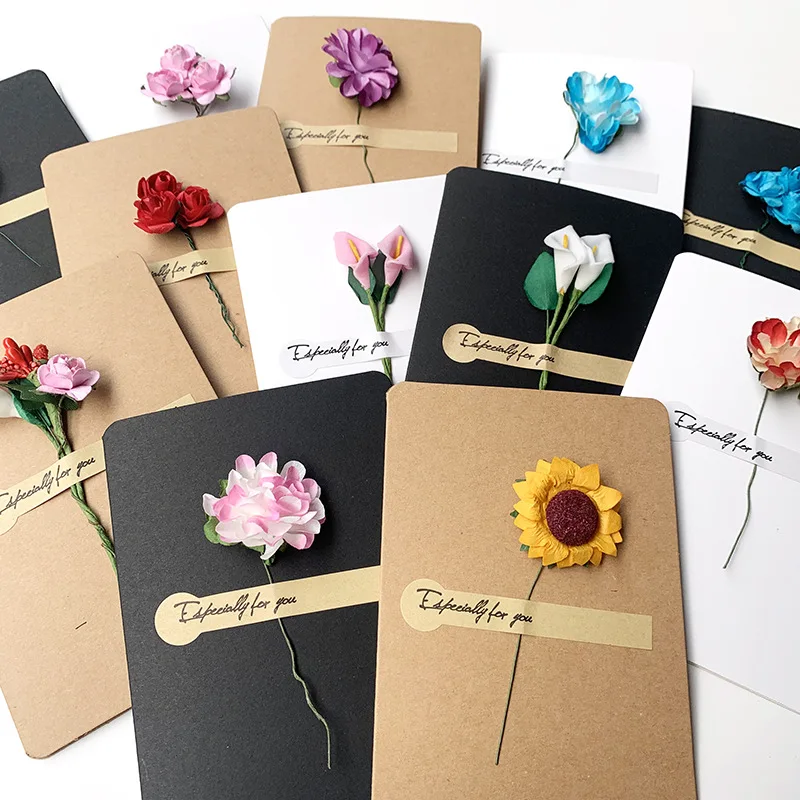 5pcs Retro DIY Kraft Paper Dried Flower Greeting Card With Envelope Birthday Wishes Wedding Party Invitation Envelope