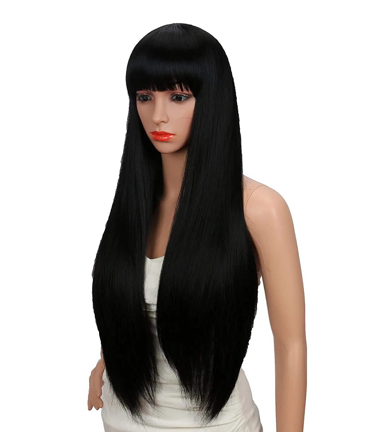 Boymia 28 inches WomenLong Silky Straight Black Brown Highlights Heat Resistant Smooth Yaki Synthetic Wig With Bangs Hair Replac