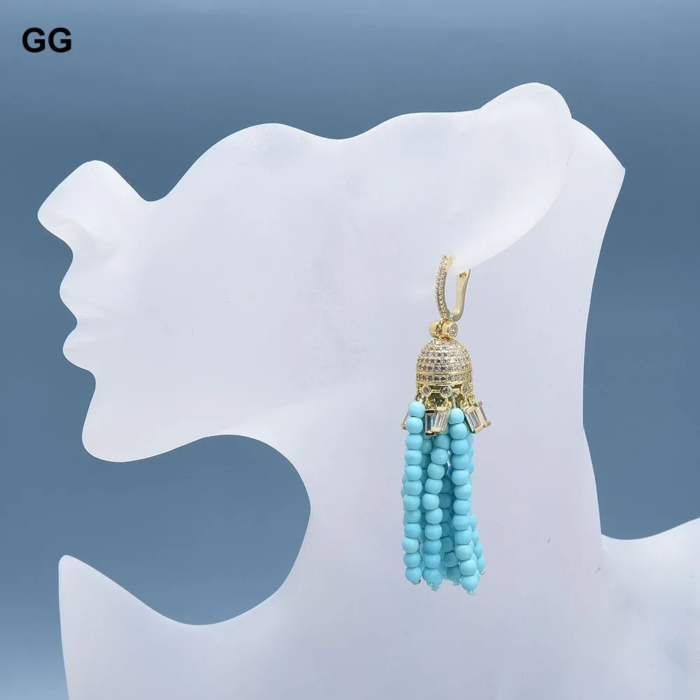 Imagem -06 - Brincos de Gancho Banhados a Ouro para Mulheres gg Blue Round Turquoise Crystal Brincos Pavimentados cz cz Fitting Gifts