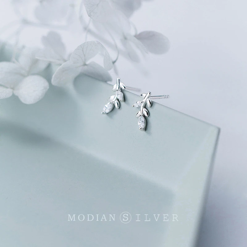 Modian Small Cute Leaves Tree Stud Earrings for Women 925 Sterling Silver Korean Accessories Spring Ear Studs Fashion Jewelry