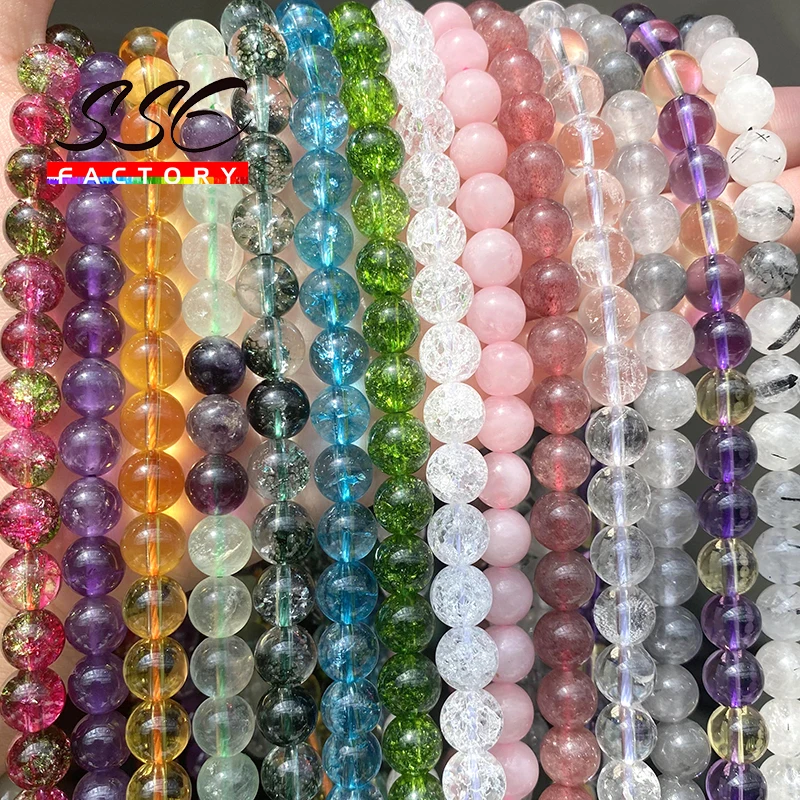 Natural Blue Topaz Citrines Amethysts Crackle Crystal Fluorite Quartz Beads Round Stone Beads For Jewelry Making DIY Bracelets