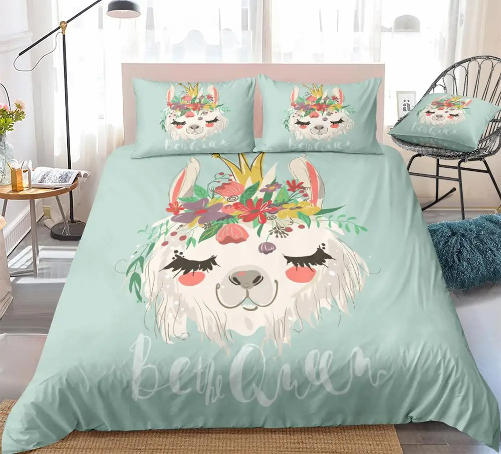 Cartoon Alpaca Bedding Set Kids Girls Crown Duvet Cover Set Flowers Quilt Cover Floral Home Textiles King Blue 3pcs Dropship